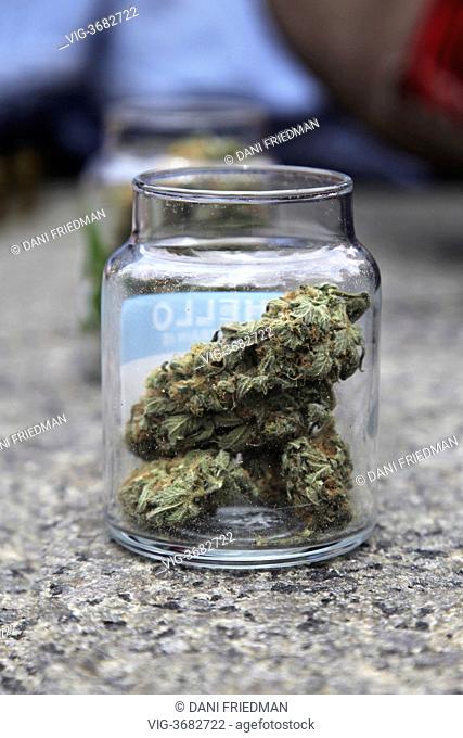 CANADA, TORONTO, 20.04.2013, Jars containing marijuana rest beside a protestor during the 420 Smoke Out at Yonge-Dundas Square in Toronto, Ontario, Canada