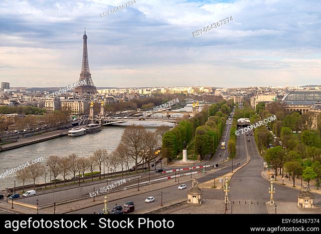 Top view from Ferris wheel Roue de Paris at Place de la Concorde on river Seine and bridges