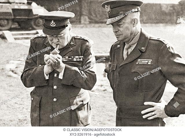 Winston Churchill, left, with General Eisenhower. Dwight David "Ike" Eisenhower, 1890-1969. American army general, statesman and 34th president of the United...