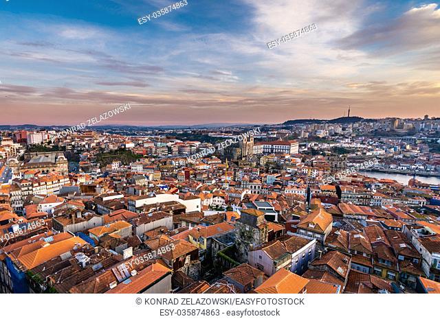 Aerial view from bell tower of Clerigos Church in Porto in Portugal with Se Cathedral and Vila Nova de Gaia on background