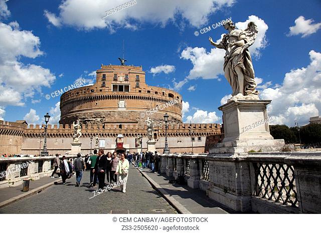 Statues and tourists at the bridge, Castel Sant' Angelo, Vatican City, Rome, Italy, Europe
