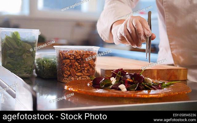 Chef serves the salad by placing the ingredients on a plate and laying the nuts with tweezers, cooking and Haute cuisine concept