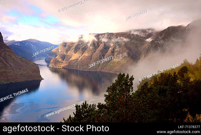 View from the viewing platform over the Aurlands fjord at Aurlandvagen, Norway