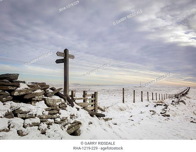 Looking across snow covered fields in the Peak District to the Cat and Fiddle Inn in the White Peak, Cheshire, England, United Kingdom, Europe