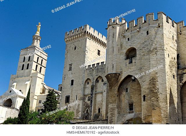 France, Vaucluse, Avignon, Place du Palais des Papes, Palais des Papes listed as World Heritage by UNESCO, Notre Dame des Doms Cathedral on the left