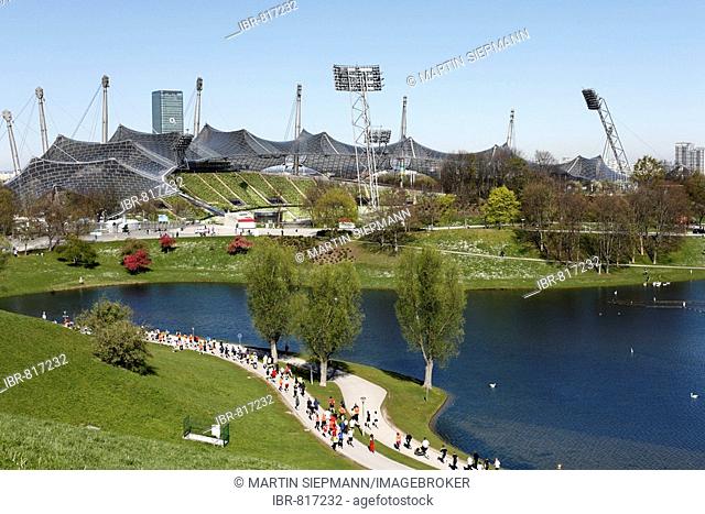 Olympic Stadium in Olympic Park, runners racing in half-marathon, Munich, Bavaria, Germany, Europe