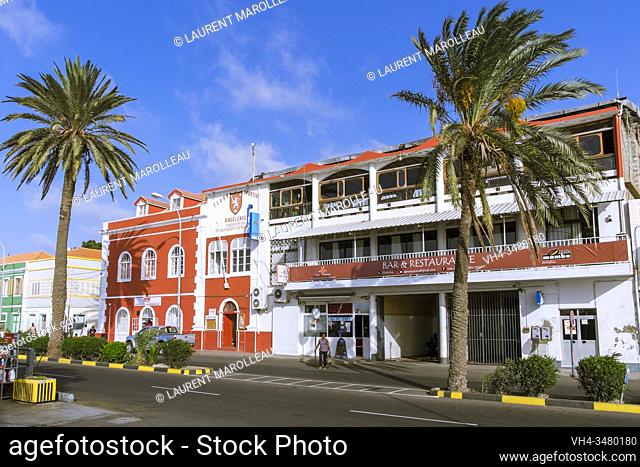 Colorful building facades on Praia Street, Mindelo, Sao Vicente, Cape Verde Islands, Africa