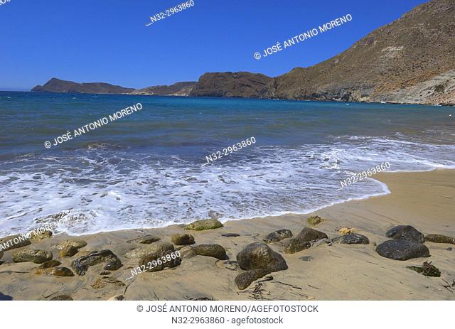 Cabo de Gata, Cala San Pedro, Beach, Biosphere Reserve, Cabo de Gata-Nijar Natural Park, Almeria, Spain, Europe