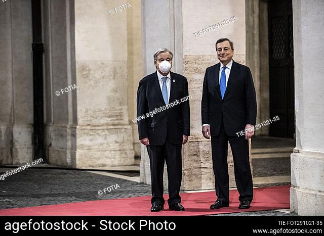 Italian Prime Minister Mario Draghi (right) with United Nations Secretary General Antonio Guterres (left) during their meeting at Palazzo Chigi in Rome, Italy
