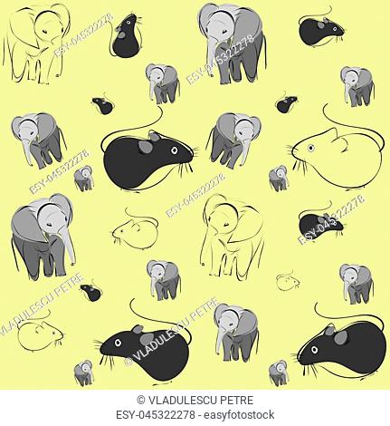 pattern with mice and elephants on yellow background