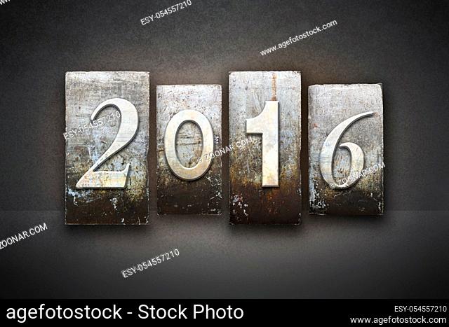 The year 2016 written in vintage letterpress type