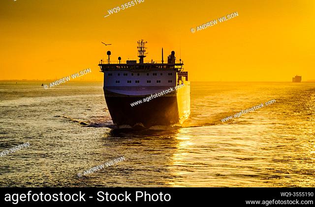 DFDS Seaways mv Corona Seaways in the Humber Estuary, England, UK at sunset