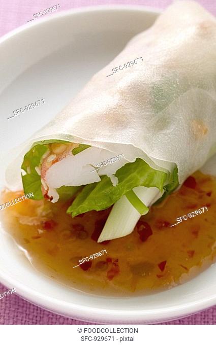 Rice paper roll with giant river prawn and chili sauce