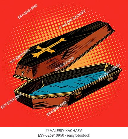 wooden coffin with Christian cross, pop art retro vector illustration. The coffin lid is open