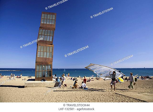 Spain Barcelona, beach, Platja de la Barceloneta, people, Sculpture by Rebecca Horn, girls sunbathing