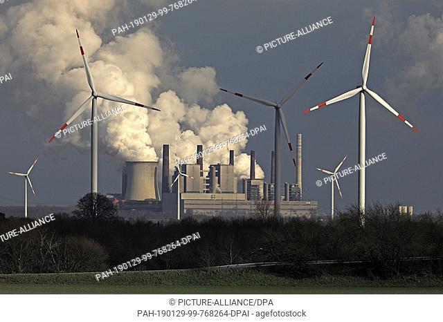 29 January 2019, North Rhine-Westphalia, Elsdorf: Smoke and steam rise from the RWE lignite-fired Neurath power station behind wind turbines