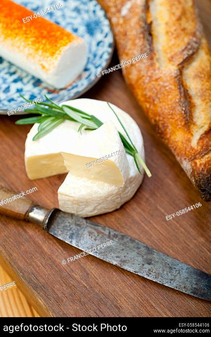 French cheese and fresh baguette on a wood cutter