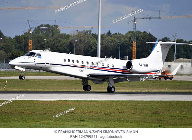 P4-SMS Orion-X Embraer EMB-135BJ Legacy 650 on landing, lands. Franz Josef Strauss Airport in Munich.Munich. | usage worldwide