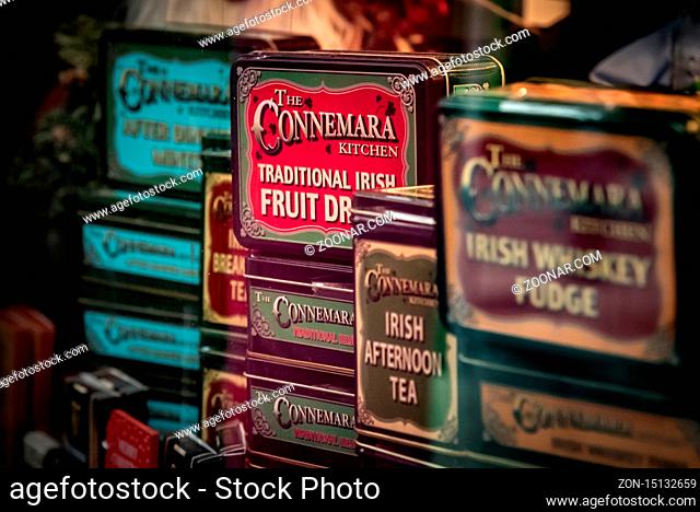 DUBLIN, IRELAND, DECEMBER 24, 2018: Close up of Connemara metal tea boxes in a store, a typical trademark infusion of Ireland
