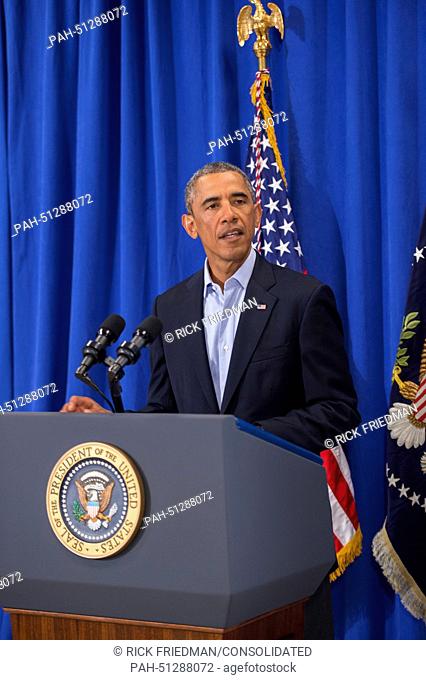 United States President Barack Obama makes remarks on the murder of journalist James Foley by ISIS at the press filing center at the Edgartown School in...