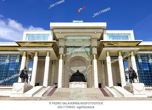 Main entrance of the Parliament of Mongolia, dominated by a statue of Genghis Khan, Ulan Bator, Mongolia