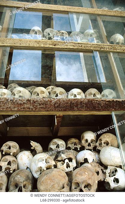 Skulls of the Khmer Rouge's victims at the Killing Fields Memorial of Choeung Ek, near Phnom Pehn. Cambodia