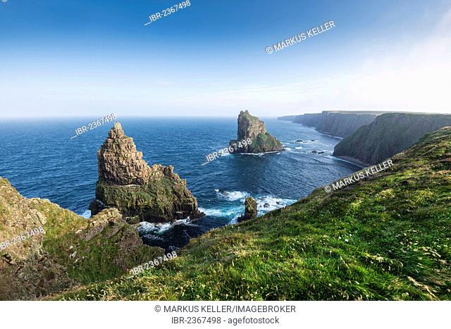 Rugged coastal landscape with Duncansby Stacks on the coast of Duncansby Head, County of Caithness, Scotland, United Kingdom, Europe