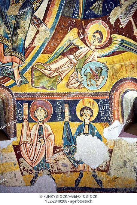 Romanesque frescoes depicting the Apostles from the Church of Sant Miguel dâ. . Engolasters, Les Escaldes, Andorra. . Painted around 1160