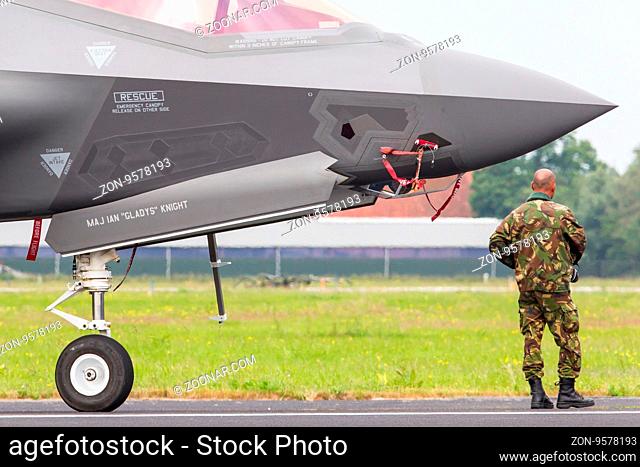 LEEUWARDEN, NETHERLANDS - JUNE 11, 2016: Close-up of the new F-35 at air show in Leeuwarden. It will replace the F16 fighter jet for the Dutch air force on juni...