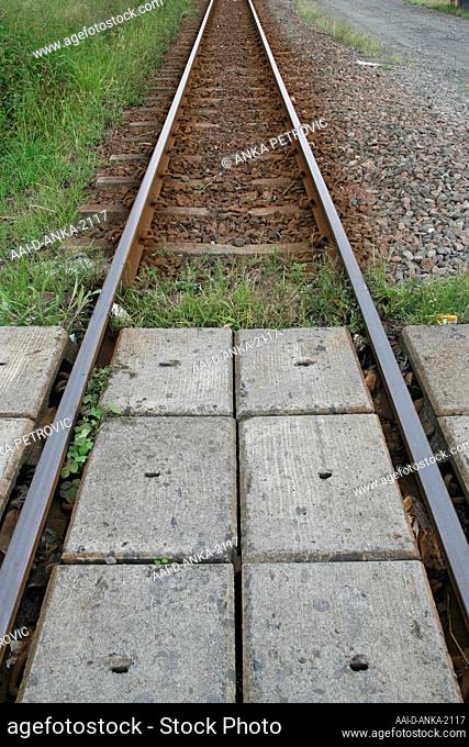 Close-up of train track near at the construction site of Moses Mabhida Stadium, Durban, KwaZulu Natal, South Africa