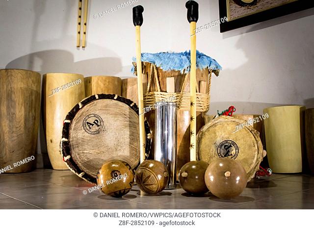 Tambora, Gaitas, Tambor Llamador, Tambor Alegre, Guache and Maracas. Traditional folk instruments set of the Atlantic coast of Colombia used to interpret...