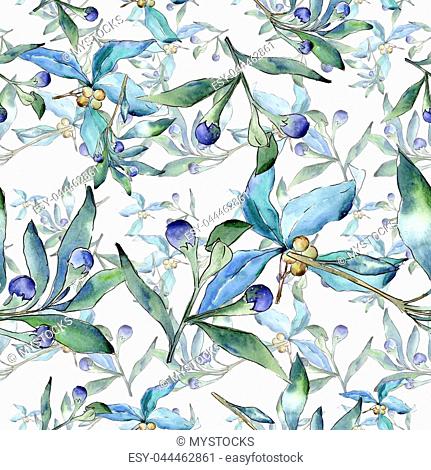 Blue elaeagnus leaves in a watercolor style. Seamless background pattern. Fabric wallpaper print texture. Aquarelle leaf for background, texture