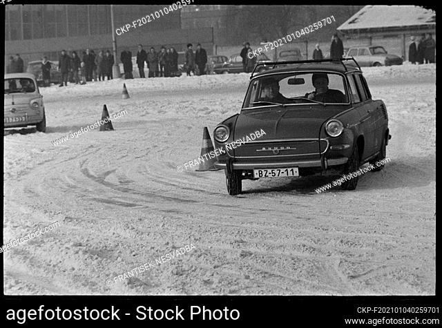 ***JANUARY 21, 1969 FILE PHOTO***Skid and Safe Driving School teach driving car on ice and snow in the Brno Exhibition Centre, Czechoslovakia, January 21, 1969