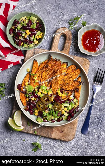 Baked sweet potato fries with Mexican salad