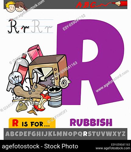 Educational cartoon illustration of letter R from alphabet with rubbish objects for children