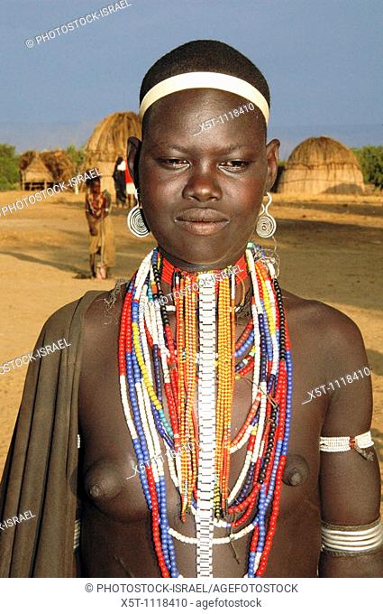 Africa, Ethiopia, Omo valley, portrait of a young girl Arbore tribe