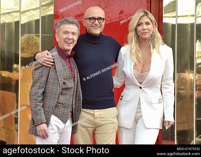 Italian singer Enzo Ghinazzi named Pupo italian journalist Alfonso Signorini and Argentinian showgirl Wanda Nara attend tv broadcast Grande Fratello Vip...