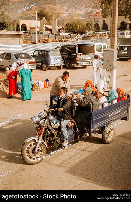 people, transport, moped, trailer, road, city, maghreb, morocco, africa