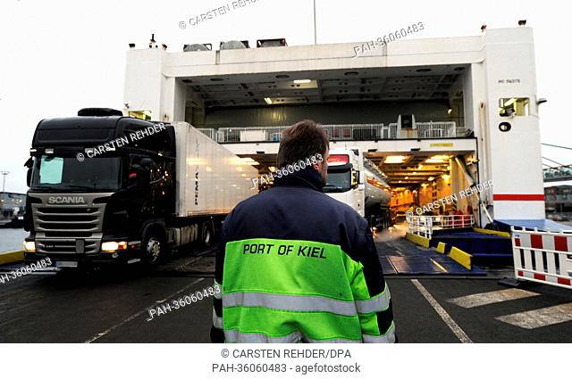 Trucks leave the Swedish ferry Stena Germanica on the Sweden Quai in Kiel,  Germany, 08 January 2013. On 09 January 2013