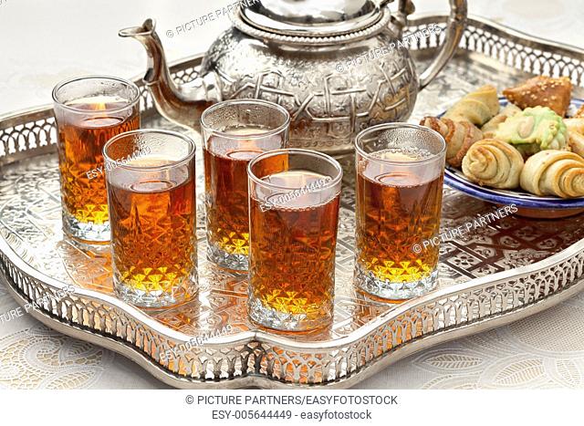 Traditional Moroccan tea with cookies