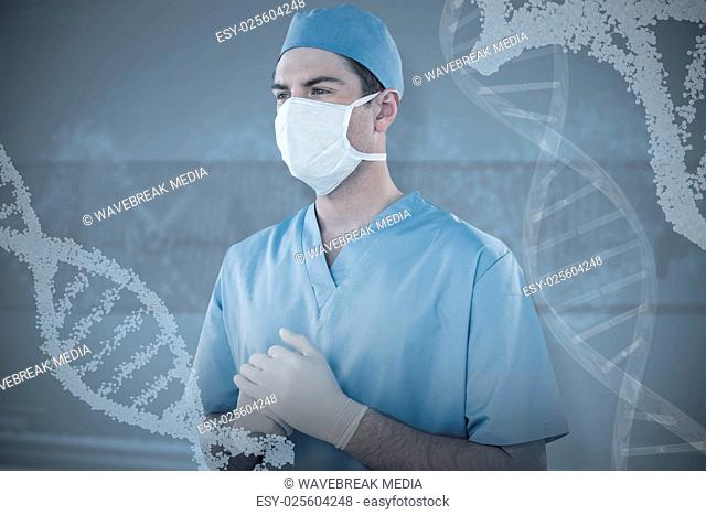 Composite image of surgeon wearing medical gloves and mask