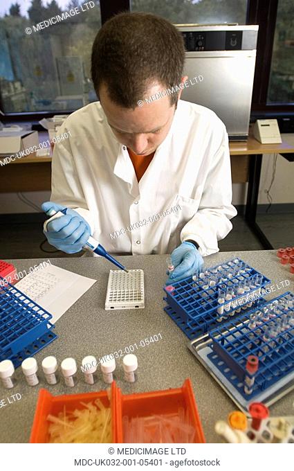 A scientist takes a sample from a series of vials and places it into a test plate, ready for adrenal stress profile testing