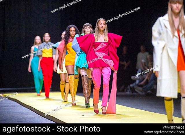 Models show items of the third bachelor year during the end of year fashion show showcasing the creations of students from the bachelor's and master's degree of...