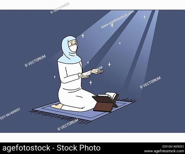 Arabic islamic religion and spirituality concept. Woman arabic ethnicity in traditional clothing and koran sitting on mosque on knees and praying vector...