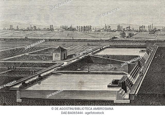 Chemical purification basin for Paris sewage waters for irrigating the fields, Gennevilliers system, France, illustration by Victor Rose from L'Illustration