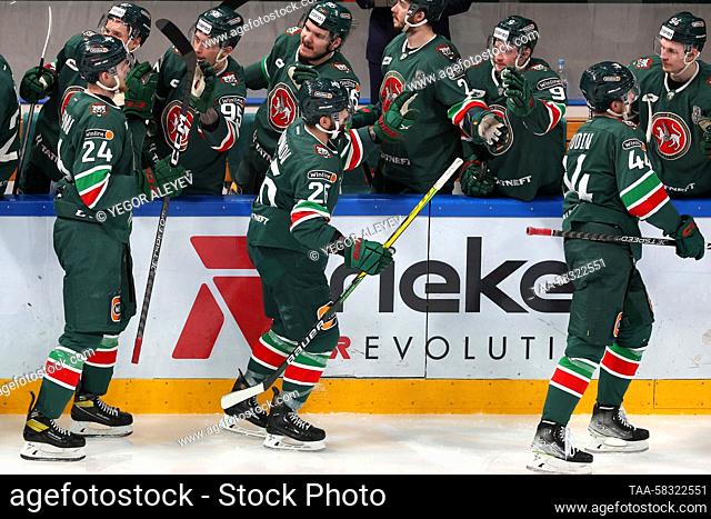 RUSSIA, KAZAN - APRIL 9, 2023: HC AK Bars Kazan's players celebrate scoring in Leg 5 of the 2022/23 KHL Eastern Conference final playoff tie between HC Ak Bars...
