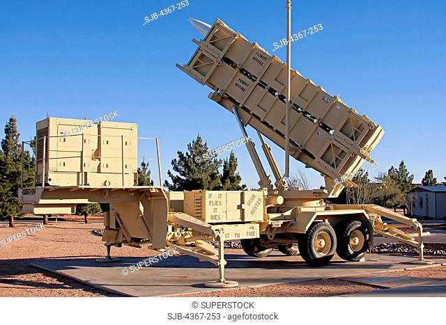 A Patriot missile battery, labeled 'SCUD Buster', at the missile park outside of the museum at White Sands Missile Range in New Mexico
