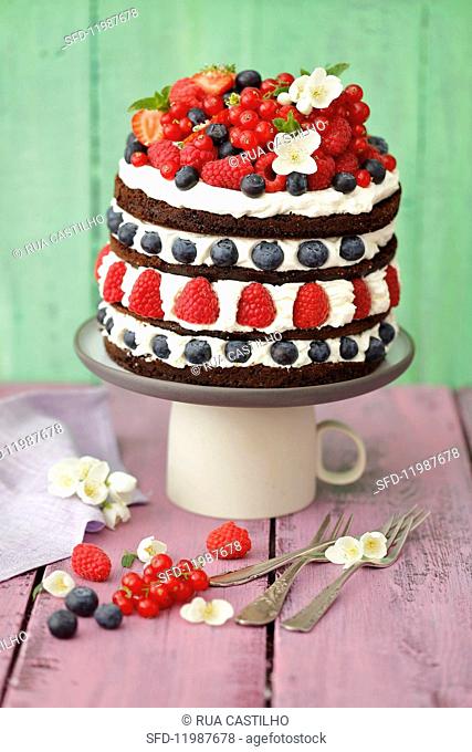A multi-tier chocolate cake with mascarpone cream and berries
