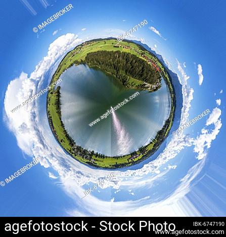 Spherical panorama of Riegsee, Riegsee village, drone shot, alpine foothills, Upper Bavaria, Bavaria, Germany, Europe