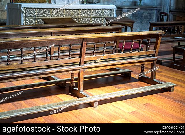 Chapel, benches to pray inside a church. concept of faith and religion